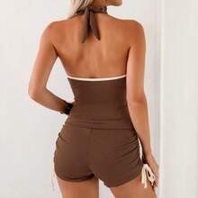 Women's Sleeveless Vest With Adjustable Drawstring Shorts, Sexy Jumpsuit. - 咖色 - 查看 3