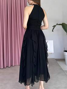 Vestido de moda elegante para mujer, estilo europeo, verano 2026, volantes, cintura ajustada, delgado y de alta gama - Negro - Ver 2