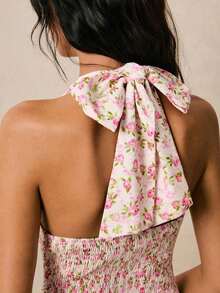 Vestido con espalda descubierta de cuello halter, cintura fruncida y estampado floral diminuto amarillo, adecuado para vacaciones - Rosa - Ver 4