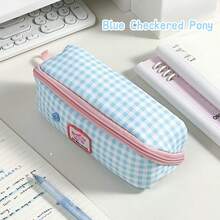 1pc Multi-Color Plaid Pencil Case, Large Capacity Multifunctional Stationery Box, High Aesthetic Stationery Storage Bag With Smooth Zipper And Horse Pattern Fabric Label, Suitable For School, Daily Study And Back To School Gift - Pencil Case - View 9