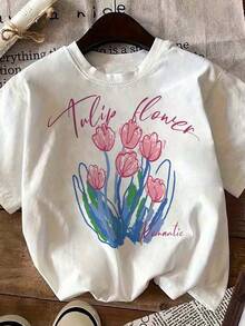 1 pieza de camiseta de manga corta para mujer, estilo pintado a mano con estampado de flores de tulipán, tallos y hojas verdes, cuello redondo, estilo casual - Ropa de mujer, ajuste cómodo, diseño clásico, 180g 100% algodón. - Blanco - Ver 1