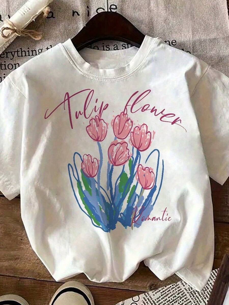 1 pieza de camiseta de manga corta para mujer, estilo pintado a mano con estampado de flores de tulipán, tallos y hojas verdes, cuello redondo, estilo casual - Ropa de mujer, ajuste cómodo, diseño clásico, 180g 100% algodón. - Blanco - Ver 1