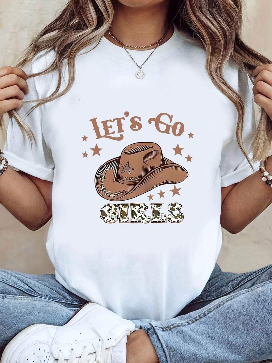 Casual Essential, Girls, Let's Go! Women's Short-Sleeved T-Shirt, Western Cowboy Style, With "LET'S GO GIRLS" Print, Crew Neck, For Spring/Summer, Made Of Soft Cotton, For Everyday Wear. - White - View 1