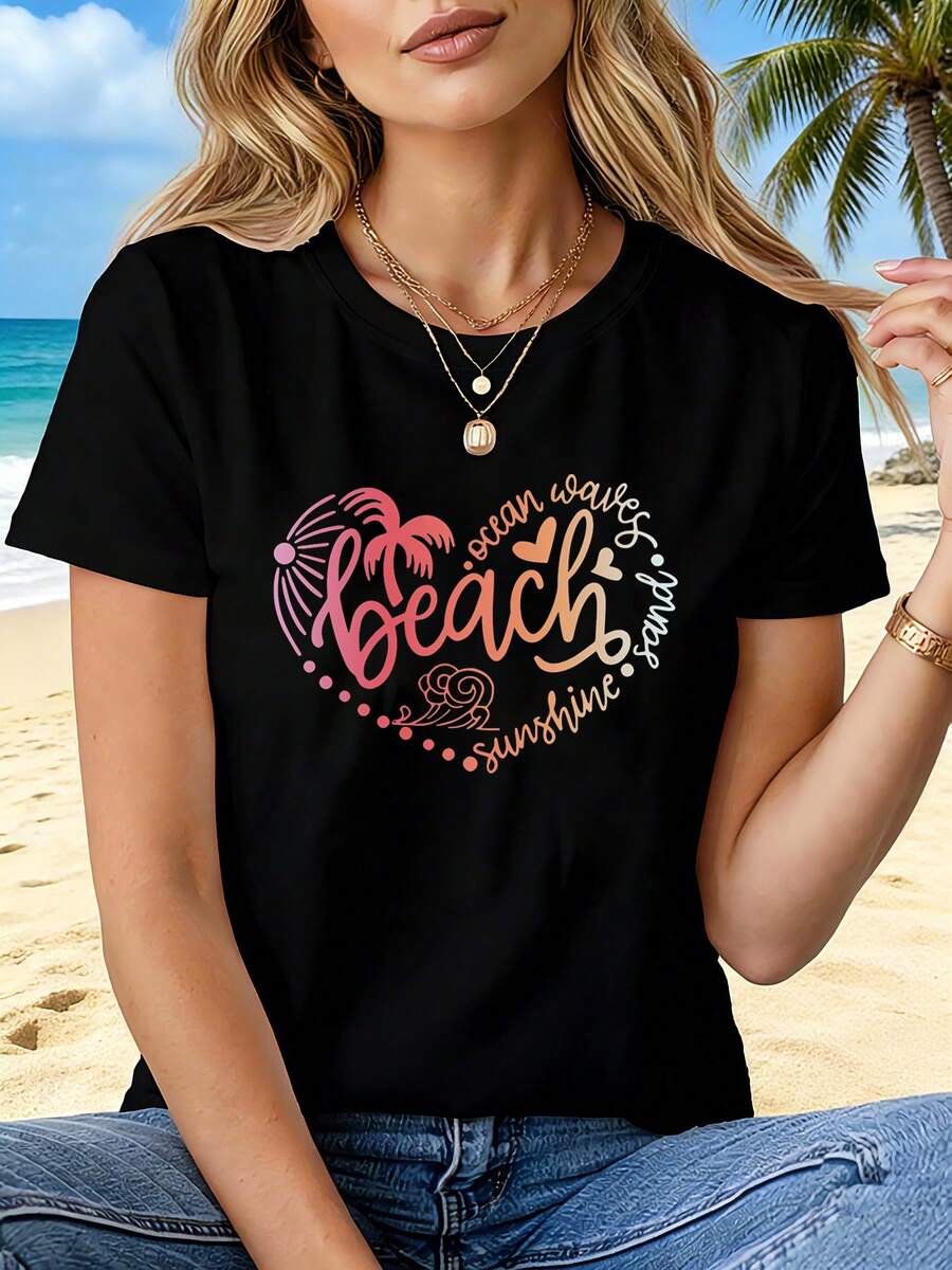 Camiseta para mujer con estampado de palmera y playa - Blusa casual de manga corta y cuello redondo con palmera, elasticidad media, adecuada para verano, primavera, atuendos de vacaciones, ropa de playa, vestimenta casual - Lavable a máquina - Negro - Ver 1