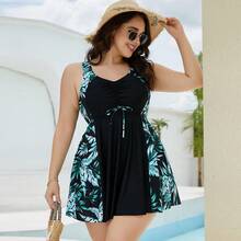 New Conservative Two-Piece Swimsuit For Plus-Size Women - New Flower Color: Black and Green Leaves - View 11