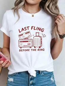 Camiseta Elegante de Manga Corta y Cuello Redondo para Mujer, Diseño Divertido con Estampado de Equipaje y Boletos "Última Diversión Antes del Anillo", Camiseta Holgada y Estilizadora para Fiesta de Solteras y Viajes Pre-Boda, Top para Atmósfera de Fiesta Pre-Boda y Luna de Miel, Tela Suave, Cómoda y Transpirable, Lavable a Máquina, Adecuada para Todas las Temporadas, Ropa de Verano para Mujer 2026, Conjuntos de Verano para Mujer, Ropa de Vacaciones para Mujer, Ropa de Playa para Mujer, Conjunto para Concierto Country, Conjunto para Concierto, Ropa Casual de Negocios para Mujer, Estilo Urbano Vintage Unisex, Camiseta de Manga Corta de Algodón Holgada con Cuello Redondo 100% Algodón. - Blanco - Ver 1