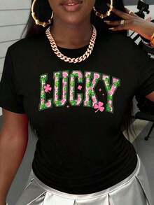 Vintage2026 Nueva Llegada Camiseta de Verano con Temática de Pascua para Mujer 2026 Nueva Llegada Camiseta de Verano con Temática de Pascua para Mujer Camiseta de la Suerte para el Día de San Patricio para Mujer Camiseta Gráfica de Algodón Blanco con Diseño de Trébol Rosa y Verde para Uso Festivo Pascua Conejo De PascuCamiseta Gráfica - Negro - Ver 2