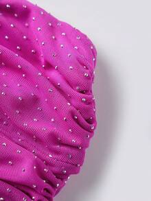 Women Rhinestones Tube Tops Shimmer Twist Cutout Ruched Off-Shoulder Bandeau Backless Shirts For Streetwear - Hot Pink - View 8
