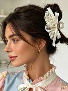 1 Peça Novo Clipe de Cabelo com Laço de Renda, Grampo de Cabelo da Moda Criador de Coque, Acessório Versátil de Penteado Meio Preso Estilo Princesa - Multicolorido - Visão 6