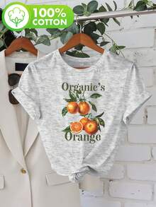 Talla Grande, Camiseta Casual de Manga Corta con Cuello Redondo y Estampado de Frutas Naranjas con Hojas para Mujer de Talla Grande - Gris Claro - Ver 6