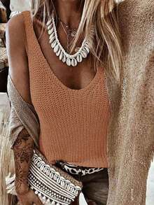 Parte superior de punto sin mangas de diseño hueco de unicolor para mujer, conjunto casual de ropa de punto informal, parte superior de cubierta de estilo bohemio para mujer, atuendo de verano bohemio chic para mujer - Camel - Ver 1