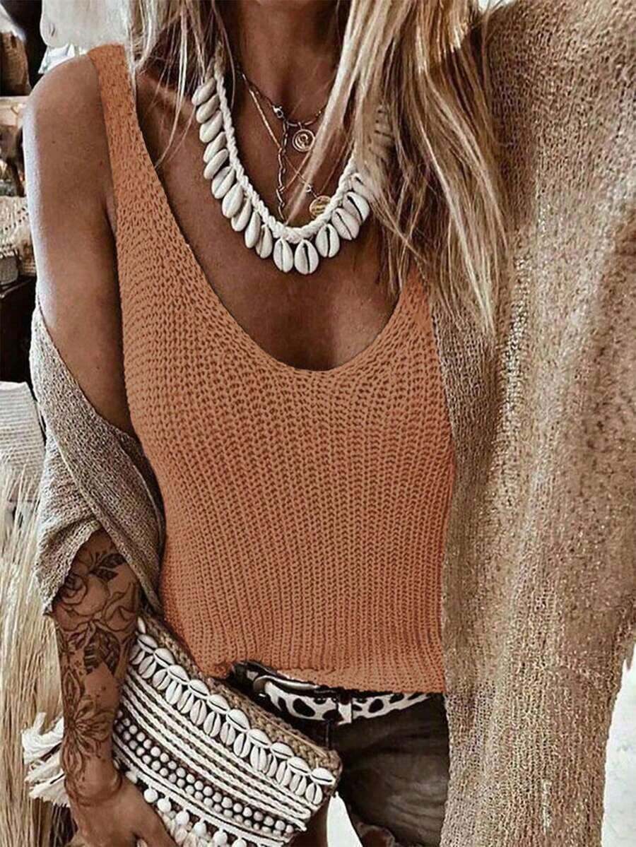 Parte superior de punto sin mangas de diseño hueco de unicolor para mujer, conjunto casual de ropa de punto informal, parte superior de cubierta de estilo bohemio para mujer, atuendo de verano bohemio chic para mujer - Camel - Ver 1