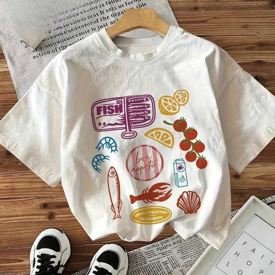 Camiseta Gráfica Wo con Estampado de Frutas SeAFsood, Camiseta Casual de Manga Corta, Ropa Vintage para Mujer, Camisetas Gráficas Y2K, Transpirable y Cómoda - Forma - Ver 1