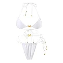 Traje de baño sexy de dos piezas para mujer, con tirantes triangulares, cordón elástico de color sólido y accesorio de mariposa. - Negro - Ver 8