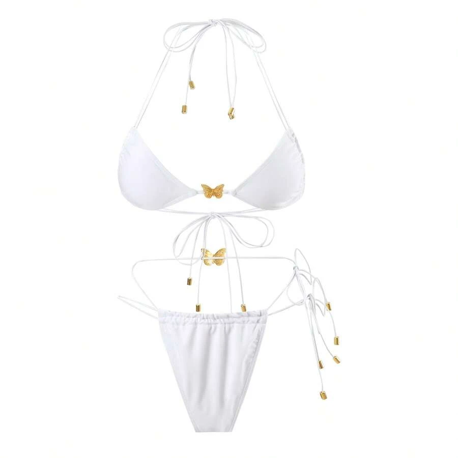 Traje de baño sexy de dos piezas para mujer, con tirantes triangulares, cordón elástico de color sólido y accesorio de mariposa. - Blanco - Ver 1
