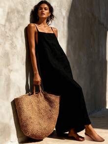 Linen Spaghetti Strap Maxi Dress For Women - Summer Casual Solid Color Beach Vacation Long Dress With Breathable Fabric For Resort Travel Date Night - 黑色 - 查看 4