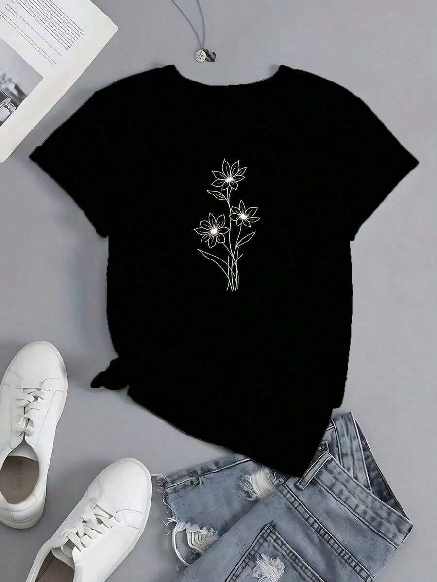 Camisetas Básicas de Tallas Grandes para Mujer - Camisetas Casuales de Manga Corta, Prendas Esenciales Ligeras para el Guardarropa de Verano, Camiseta Estampada de Cuello Redondo, Camiseta Casual de Manga Corta para Primavera y Verano, Ropa de Mujer Transpirable y Cómoda - Negro - Ver 1