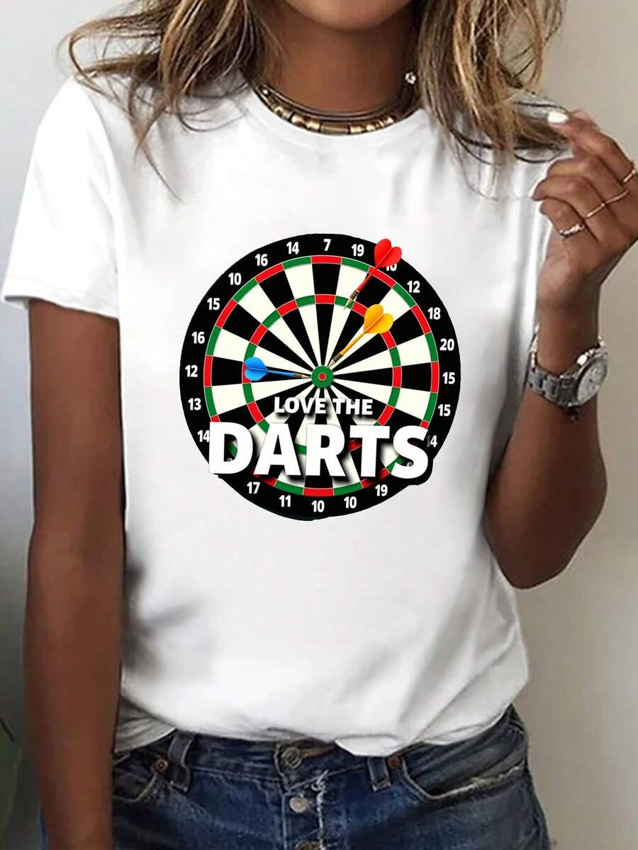 Camiseta Casual de Manga Corta con Cuello Redondo para Mujer - Estampado de dardos con texto I love darts, patrón geométrico brillante, elasticidad media, lavable aáquina, cómoda para todas las estaciones, camiseta con temática de dardos, ropa casual, camiseta con estampado divertido, tela opaca - Camiseta Unisex de Manga Corta con Cuello Redondo de Algodón, Estilo Vintage Urbano y Corte Holgado - Blanco - Ver 1