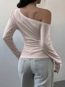 Blusa de manga larga de punto a lunares rosas, estilo coreano, con lazo en un hombro, adecuada para uso casual, en casa, calle y uso diario en primavera - Rosa - Ver 8