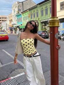 Strapless Crop Top, Blue Base With Black Polka Dots, Sexy Fitted Bandeau Shirt Summer - Yellow - View 3