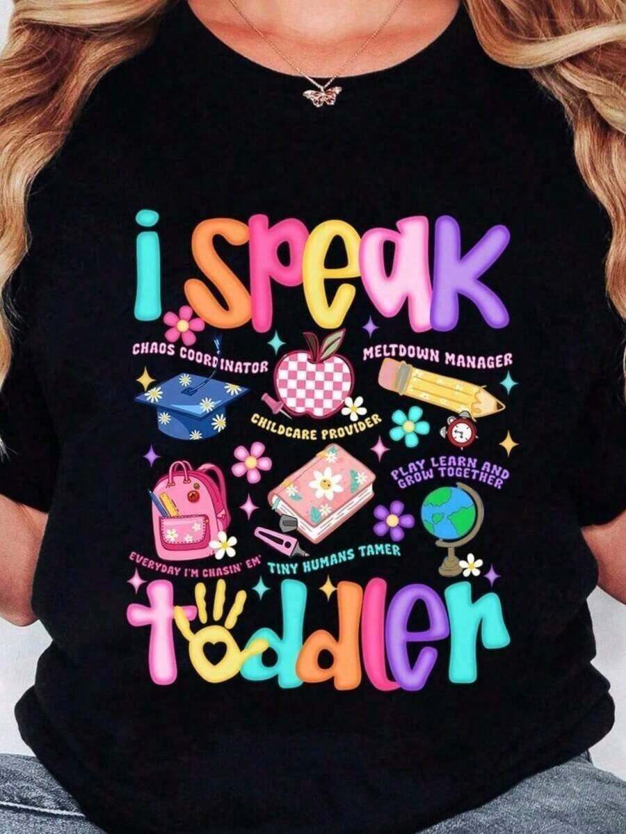 Camiseta de manga corta para mujer "I Speak Toddler" para maestras de guardería, preescolar, jardín de infantes, regreso a clases, estilo preppy, ropa casual y elegante para entrenar, 100% algodón, transpirable y cómoda, camiseta de verano. - Negro - Ver 1