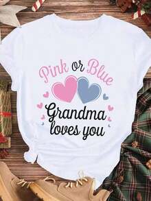 Elegante y casual para mujer, manga corta, camiseta casual para el Día de la Madre, rosa o azul, estampado de corazones "La abuela te quiere", uso diario en primavera y verano. - Blanco - Ver 3