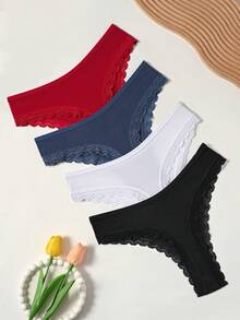 4pcs Women's White Lace Trim Ribbed Comfortable Ultra-Thin Breathable Minimalist Solid Color Thong - Multicolor - View 2