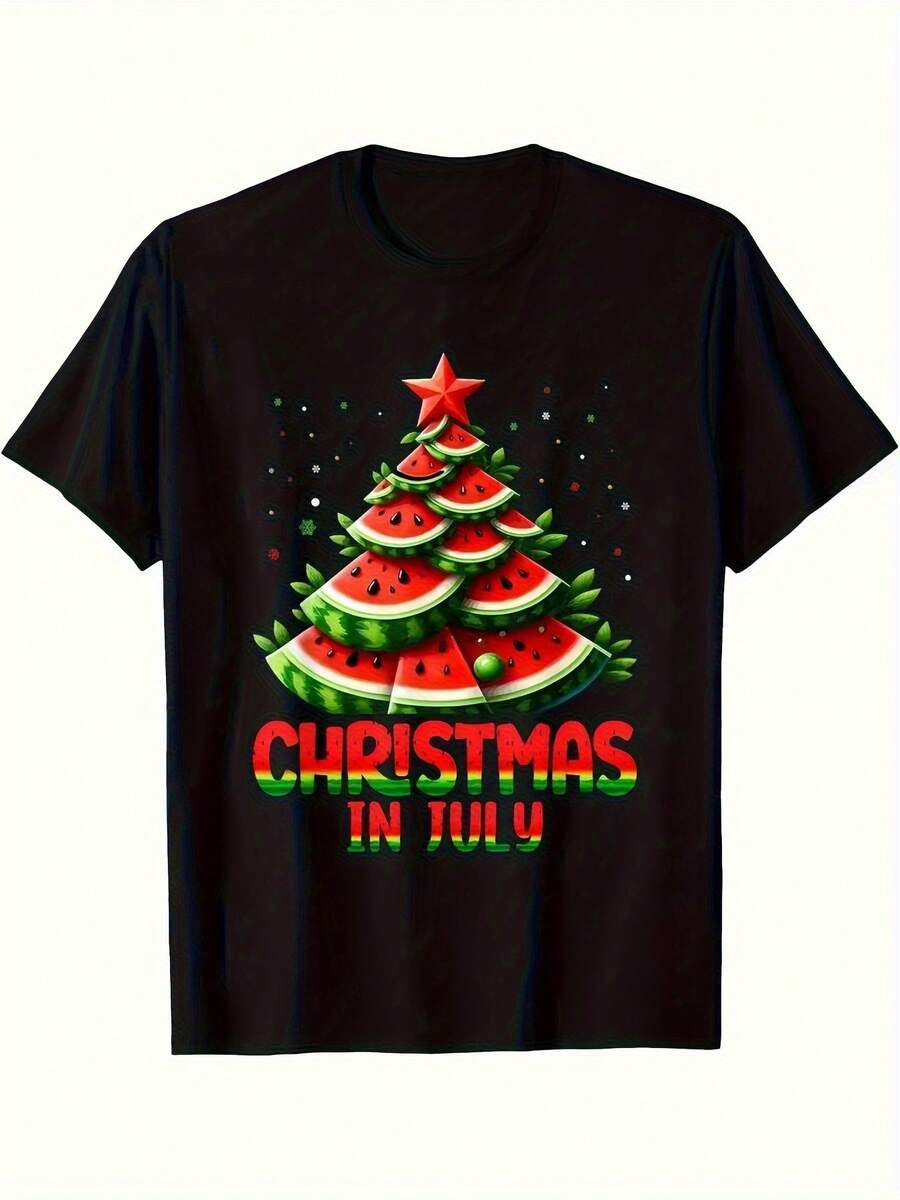 Christmas In July "Watermelon Tree Design T-Shirt - Black, Breathable And Soft, Casual Short Sleeve, Comfortable To Wear In All Seasons, Suitable For Both Men And Women, Summer Casual Wear.| Christmas Themed T-Shirt| Soft T-Shirt - 黑色 - 查看 1