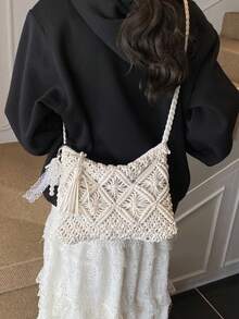 Handwoven Small Crossbody Bag, New Woven Shoulder Bag, Niche Beach Style, Versatile, Square Envelope Bag, Fashionable, Ins Style, Vacation Beach Bag - White - View 4
