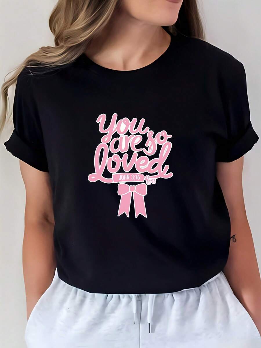 Camiseta ultra suave de 180g "You Are So Loved" - el regalo perfecto para familiares y amigos, ideal para actividades de team building y ocasiones festivas, elegante camiseta para mujer con estampado de la biblia John 3:16, adecuada para un estilo moderno en primavera y verano. - Negro - Ver 1