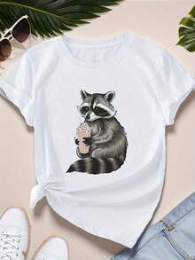Camiseta para Mujer con Estampado Divertido de Mapache Dibujado a Mano, Nueva, de Verano, Versátil, Casual, de Manga Corta y Efecto Adelgazante - Blanco - Ver 1