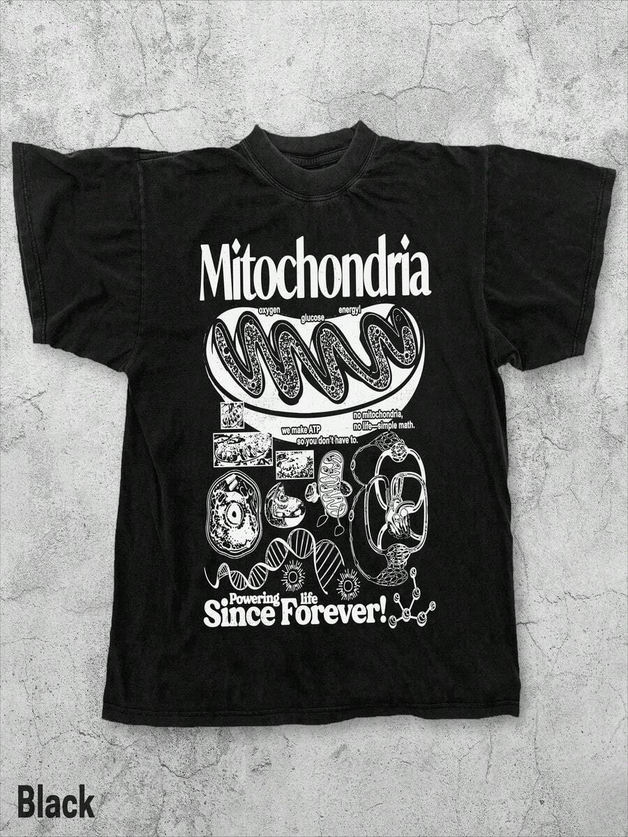 Camiseta retro de ciencia mitocondrial, camiseta retro con gráfico de biología, camiseta académica de los 90 con diagrama celular, camiseta humorística de laboratorio para geeks - Negro - Ver 1