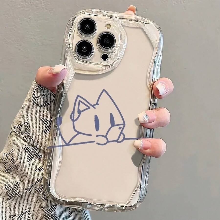 Phone Case - Full Coverage Cream Transparent Case With Cat Line Art Design With Headphones, Compatible With IPhone 11 To 17 Pro Max - Clear - View 1