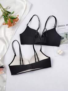 2pcs/Set Wireless Push-Up Bra, Double Spaghetti Strap Comfortable Support V-Neck Seamless Everyday Lingerie, Women's - Multicolor - View 7