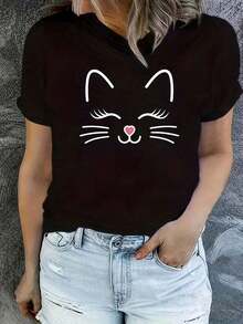 100% cotton Camiseta de mujer con estampado gráfico minimalista de gato con corazón en la nariz|   Top casual de manga corta y cuello redondo para primavera/verano, tejido elástico medio - Negro - Ver 6