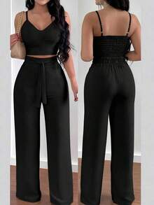 2 piezas Conjunto de top de camiseta elástica de tirantes finos y pantalones de pierna ancha con lazo delantero para mujer - Negro 3 - Ver 1