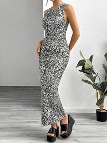 Vestido ajustado sin mangas con estampado de leopardo para mujer - Gris - Ver 5