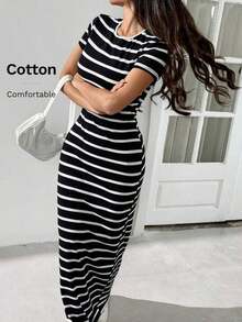 Vestido largo ajustado de manga corta y cuello redondo a rayas negro y blanco, para otoño/invierno - Blanco y Negro - Ver 8