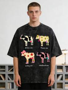 Camiseta de cuello redondo con estampado de vaca de dibujos animados, a la moda y bonita, de puro algodón, cuello redondo tipo  lavado elegante, estilo unisex, nueva , manga corta casual de alta calidad, 6 tallas disponibles, Y2K - Negro - Ver 2