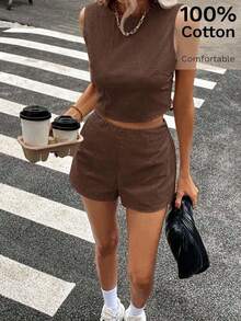 Conjunto de 2 piezas de blusa sin mangas con detalle de lazo y pantalón corto de 100% algodón para mujer, conjunto casual de verano, conjunto de lino - Café integral - Ver 6
