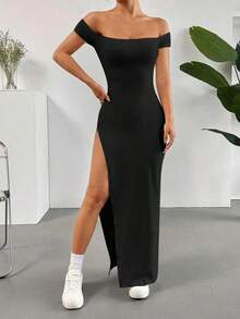 Vestido de verano para mujer con hombros descubiertos y abertura alta en unicolor - Negro - Ver 6