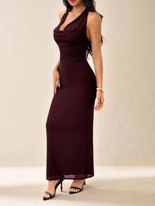 Vestido elegante de mujer de unicolor con cuello drapeado de malla, vestido largo, estilo vacacional, adecuado para vacaciones de otoño/invierno - Rojo violeta - Ver 4
