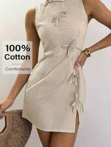 2026 New Release: Bohemian Office Siren Mini Dress - Linen-Cotton Blend Beige Sleeveless Dress With Bowknot Detailing, A-Line Summer Work To Weekend Outfits Summer Dresses For Women Brown Casual - Albaricoque - Ver 12