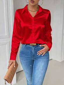 Blusa de mujer de manga larga ajustada con bolsillo y cuello casual en color blanco - Rojo - Ver 5