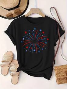Limited Time Offer, Limited Quantities, Flash ! Women's Casual Shirts, Women's Polyester T-Shirts, Elegant Shirts. Women's T-Shirt With Fireworks Print, Round Neck, Casual Short Sleeves, Lightweight And Stretchy Fabric, Suitable For All Seasons. - 黑色 - 查看 3