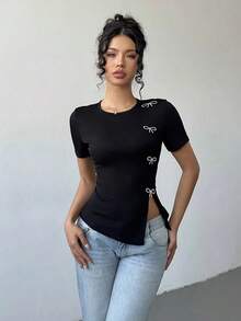 Camiseta de cuello redondo con abertura lateral y decoración de lazo con cristales para mujer - Negro - Ver 5