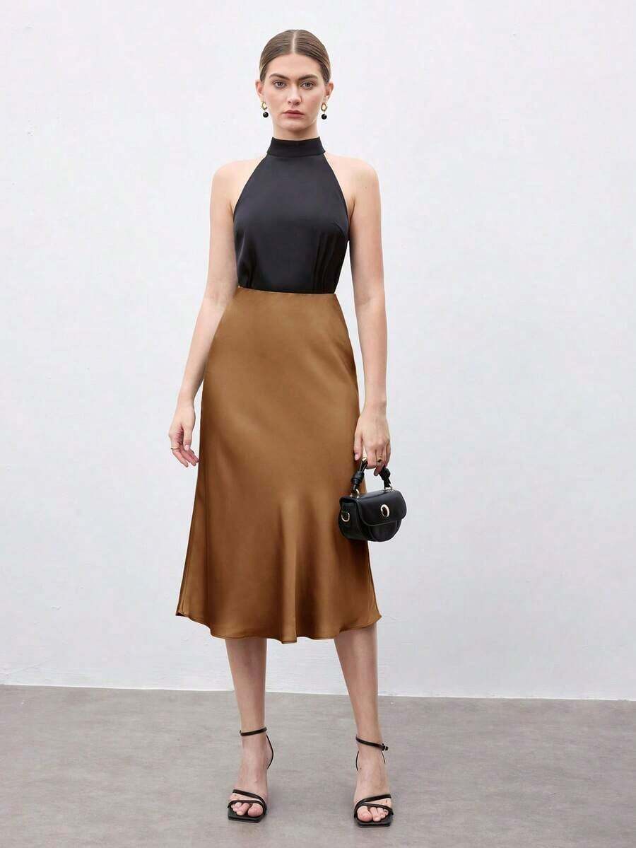 Falda negra básica de corte evasé para mujer, adecuada para el transporte urbano, negocios, uso casual, oficina, y atuendo formal elegante para mujer - Marrón 2 - Ver 1