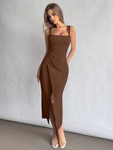 Vestido de cuello cuadrado para mujer con cintura fruncida y abertura.Elegante y adecuado para vacaciones, uso diario o temporada de bodas - Café integral - Ver 1