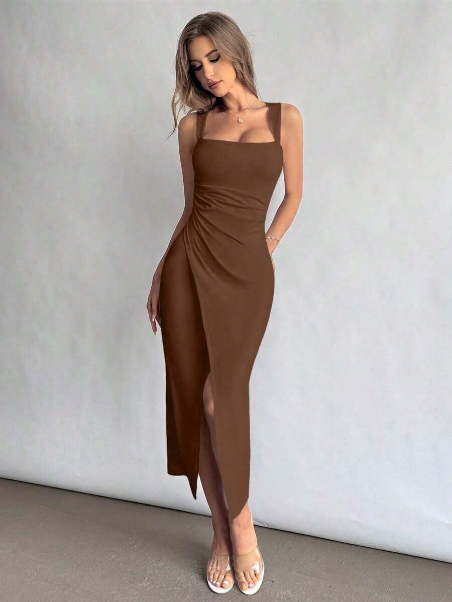 Vestido de cuello cuadrado para mujer con cintura fruncida y abertura.Elegante y adecuado para vacaciones, uso diario o temporada de bodas - Café integral - Ver 1