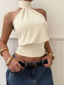 Top de punto con cuello de halter color albaricoque para mujer - Albaricoque - Ver 6